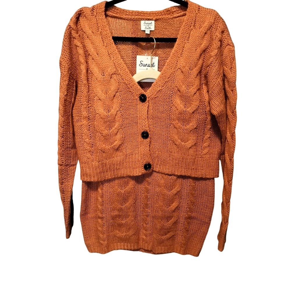 Sunset‎ and Sixth Orange Cable Knit Sweater Skirt Set Size Medium